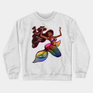 mermaid rainbow fins flowing red locs Afro hair and brown skin. African American Mermaids Crewneck Sweatshirt
